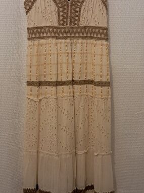 Eyelet Tiered Maxi Dress with Brown Contrast Trim - Cream